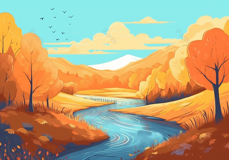 橙色秋天河流树林节气秋风插画背景,插画/手绘图,插画/手绘图库,插画/手绘图下载,插画/手绘